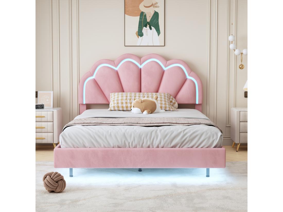 Vente Unique Lit Rembourré En Velours 140x200cm - Avec LED Et Tête De Lit En Forme De Coquille - Sommier à Lattes - Rose