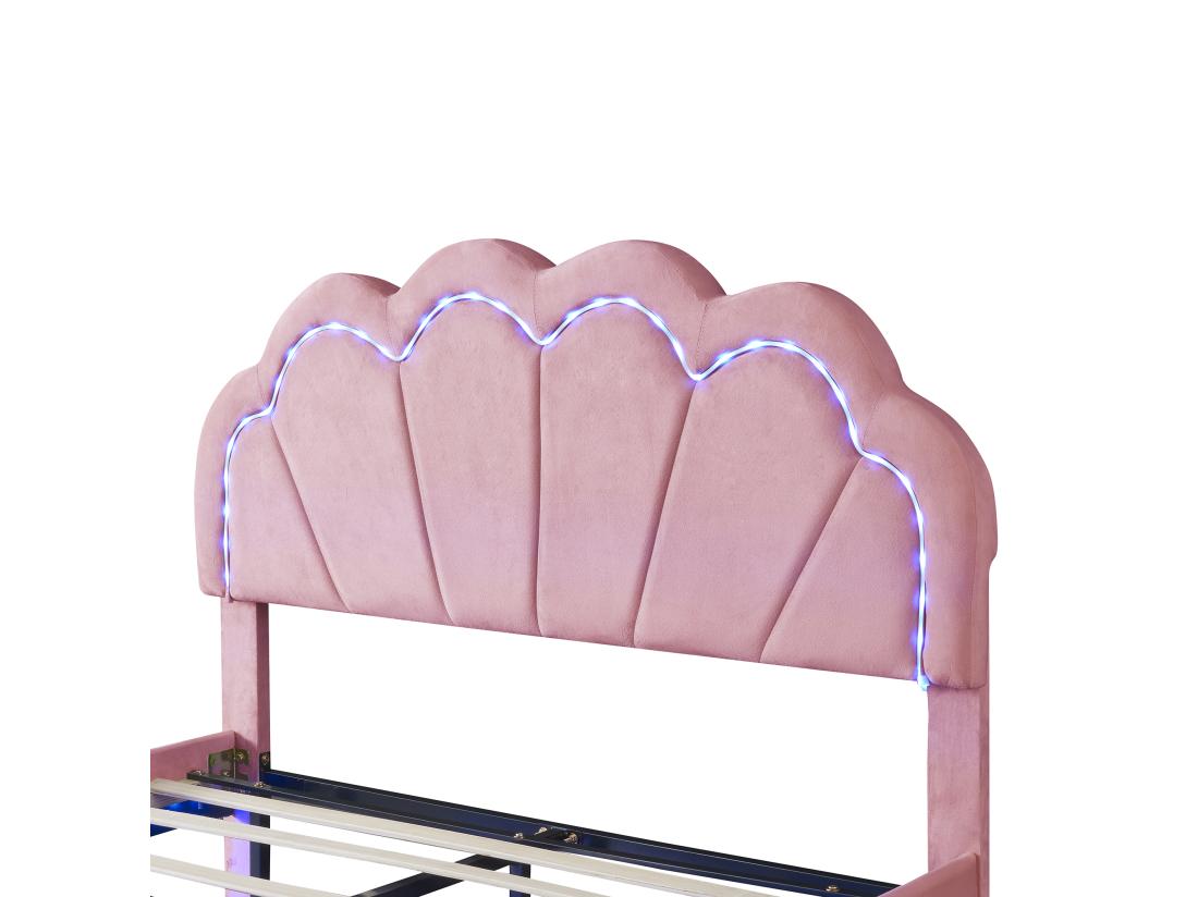 Vente Unique Lit Rembourré En Velours 140x200cm - Avec LED Et Tête De Lit En Forme De Coquille - Sommier à Lattes - Rose