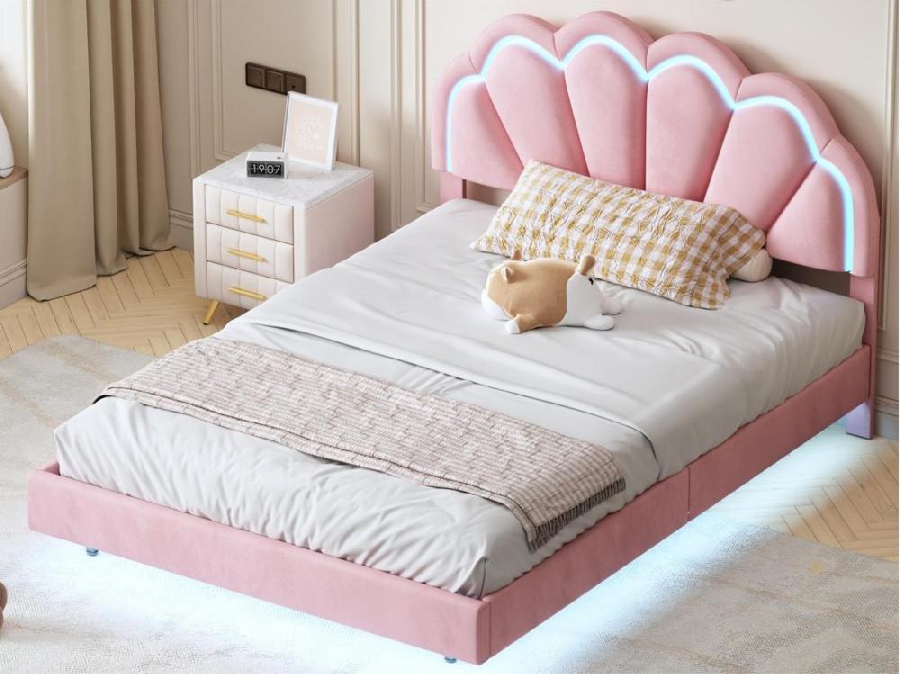 vente unique Lit rembourré en velours 140x200cm - avec LED et tête de lit en forme de coquille - sommier à lattes - rose