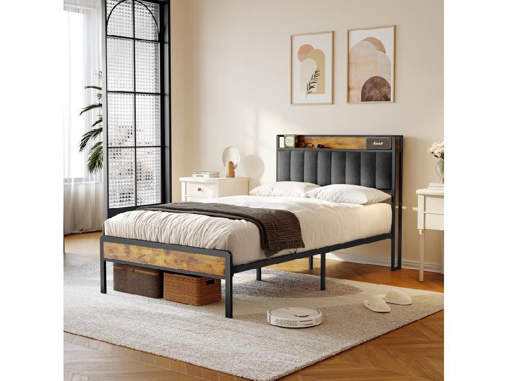 Vente Unique Lit Simple 120 X 200 En Métal Avec Tête De Lit Capitonnée En Tissu Pour Rangement Bealife Sommier à Lattes Lit Enfant Adolescent Noir Et Gris Foncé