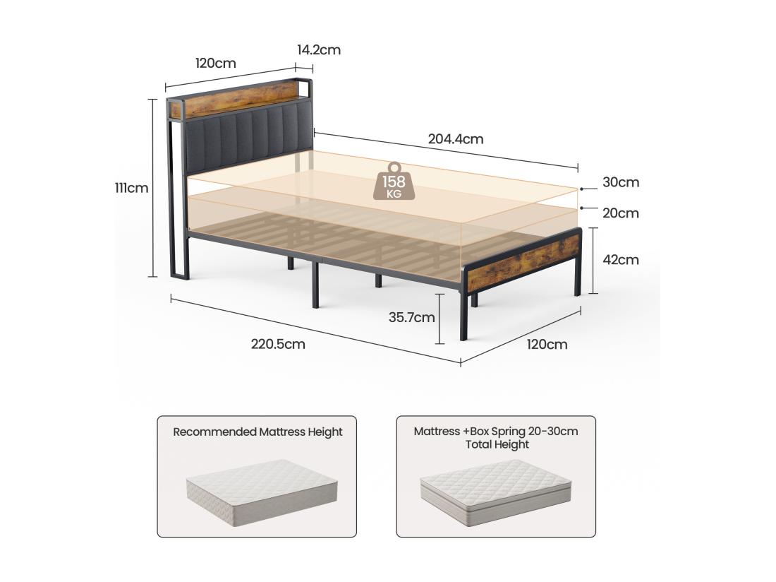 Vente Unique Lit Simple 120 X 200 En Métal Avec Tête De Lit Capitonnée En Tissu Pour Rangement Bealife Sommier à Lattes Lit Enfant Adolescent Noir Et Gris Foncé