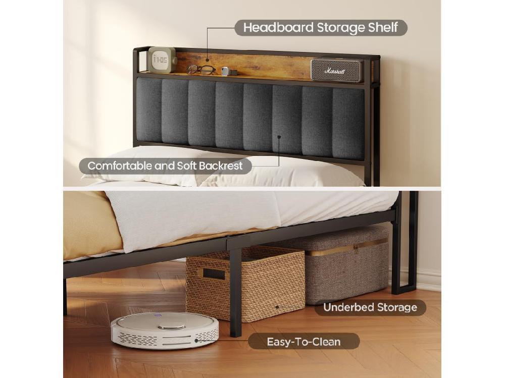 Vente Unique Lit Simple 120 X 200 En Métal Avec Tête De Lit Capitonnée En Tissu Pour Rangement Bealife Sommier à Lattes Lit Enfant Adolescent Noir Et Gris Foncé