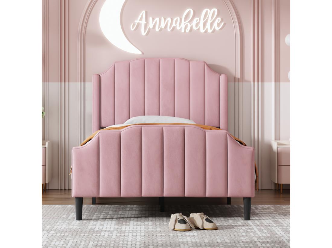 Vente Unique Lit Simple Rembourré En Velours 90x200cm Avec Sommier à Lattes - Rose