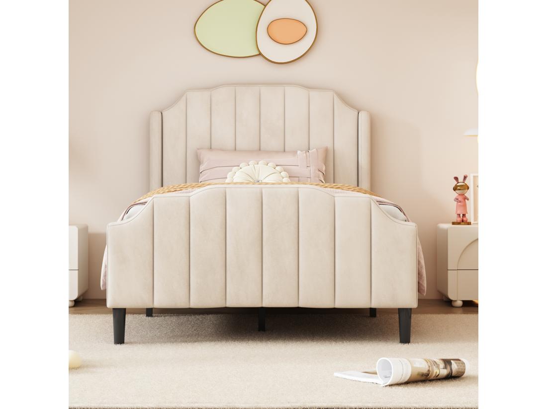 Vente Unique Lit Simple Rembourré En Velours 90x200cm Avec Sommier à Lattes - Beige