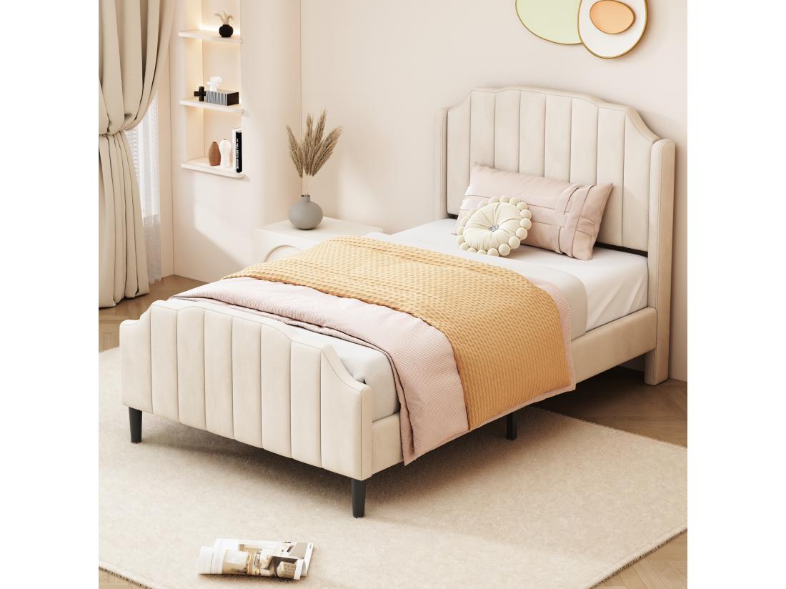 vente unique Lit simple rembourré en velours 90x200cm avec sommier à lattes - beige