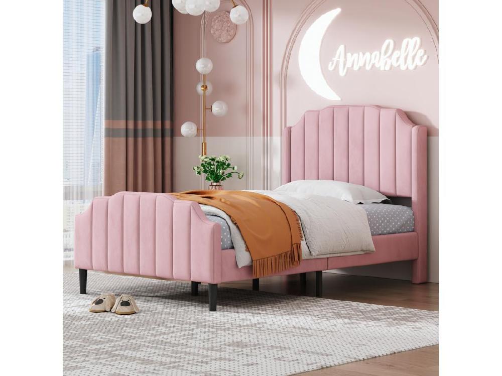 vente unique Lit simple rembourré en velours 90x200cm avec sommier à lattes - rose
