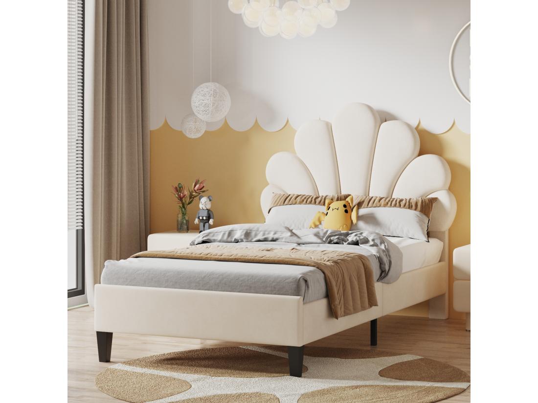 Vente Unique Lit Simple Rembourré En Velours - 90x200cm - Tête De Lit En Forme De Fleur - Avec Sommier à Lattes - Beige