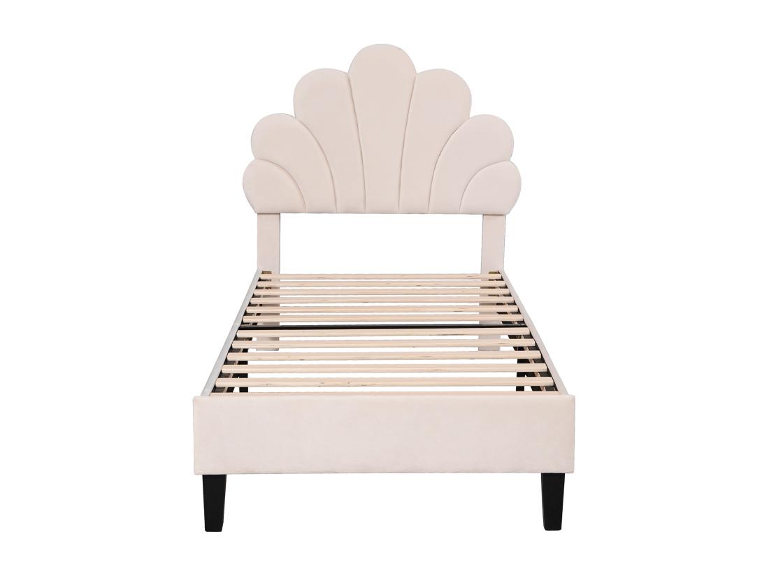 Vente Unique Lit Simple Rembourré En Velours - 90x200cm - Tête De Lit En Forme De Fleur - Avec Sommier à Lattes - Beige