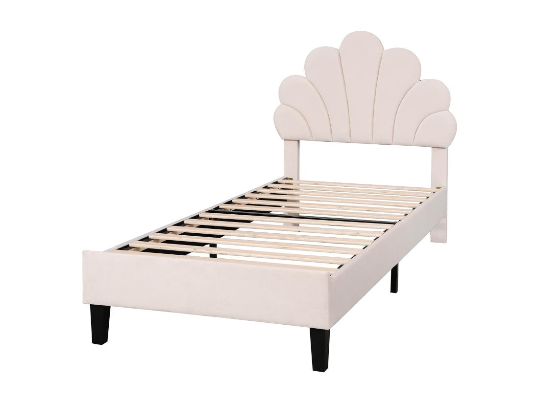 Vente Unique Lit Simple Rembourré En Velours - 90x200cm - Tête De Lit En Forme De Fleur - Avec Sommier à Lattes - Beige