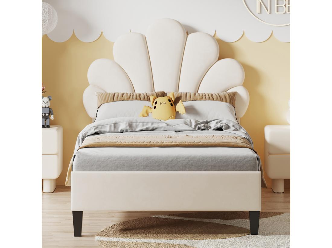 vente unique Lit simple rembourré en velours - 90x200cm - tête de lit en forme de fleur - avec sommier à lattes - Beige