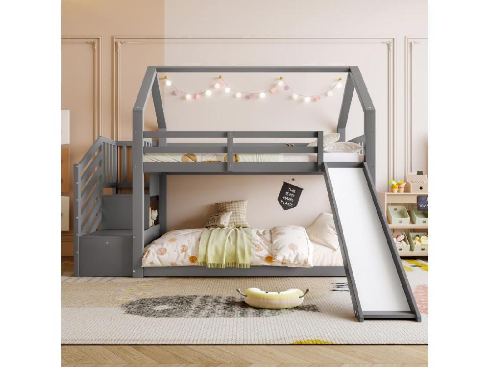 Vente Unique Lit Superposé 90x200cm En Bois - Avec Barrières + Escalier De Rangement + Toboggan - Gris