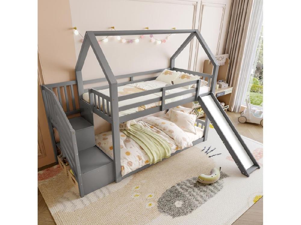 Vente Unique Lit Superposé 90x200cm En Bois - Avec Barrières + Escalier De Rangement + Toboggan - Gris