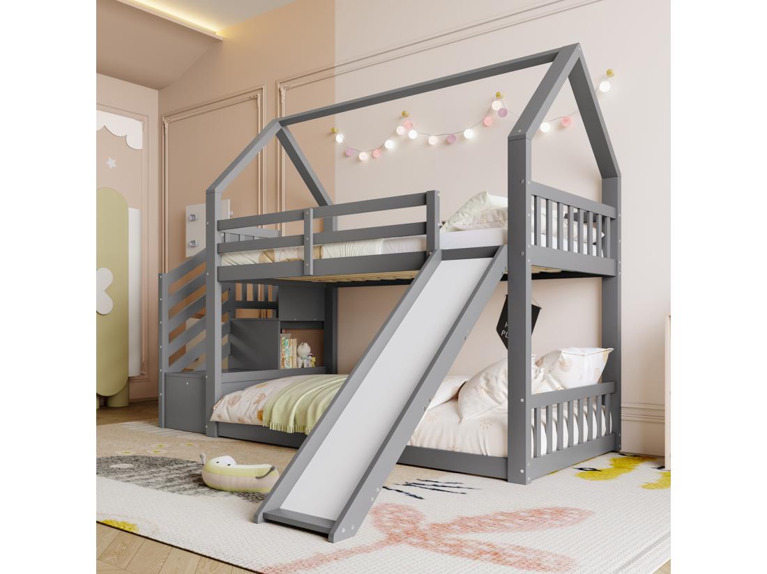 Vente Unique Lit Superposé 90x200cm En Bois - Avec Barrières + Escalier De Rangement + Toboggan - Gris