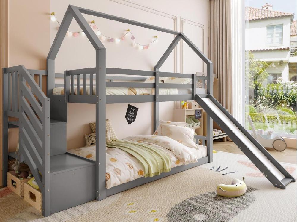 vente unique Lit superposé 90x200cm en bois - avec barrières + escalier de rangement + toboggan - Gris
