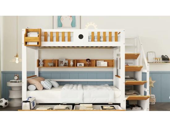 Vente Unique Lit Superposé Avec Escalier De Rangement - 90x200cm - 4 Casiers Dans L'escalier Et 2 Tiroirs Sous Le Lit - Avec Sommier à Lattes - Blanc