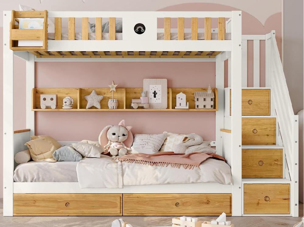 vente unique Lit superposé avec escalier de rangement - 90x200cm - 4 casiers dans l'escalier et 2 tiroirs sous le lit - avec sommier à lattes - Blanc