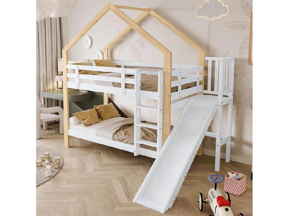 Vente Unique Lit Superposé Avec Toboggan Et échelle - Cadre En Bois Massif - 90x200 Cm - Blanc