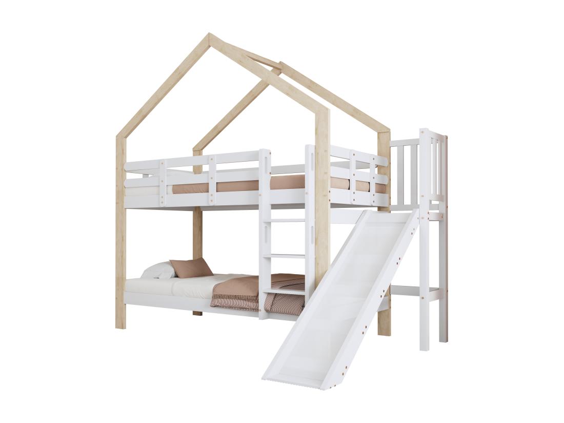 Vente Unique Lit Superposé Avec Toboggan Et échelle - Cadre En Bois Massif - 90x200 Cm - Blanc
