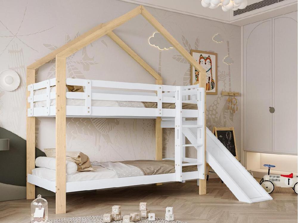 vente unique Lit superposé avec toboggan et échelle - cadre en bois massif - 90x200 cm - Blanc