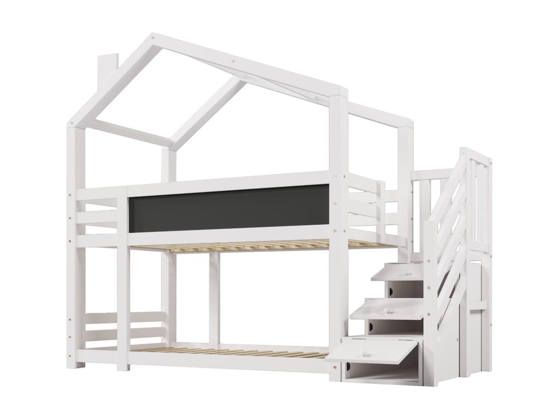 Vente Unique Lit Superposé Cabane 90x200cm En Bois Massif - Avec Escalier De Rangement(2 Tiroirs) Et Un Tableau Noir - Blanc