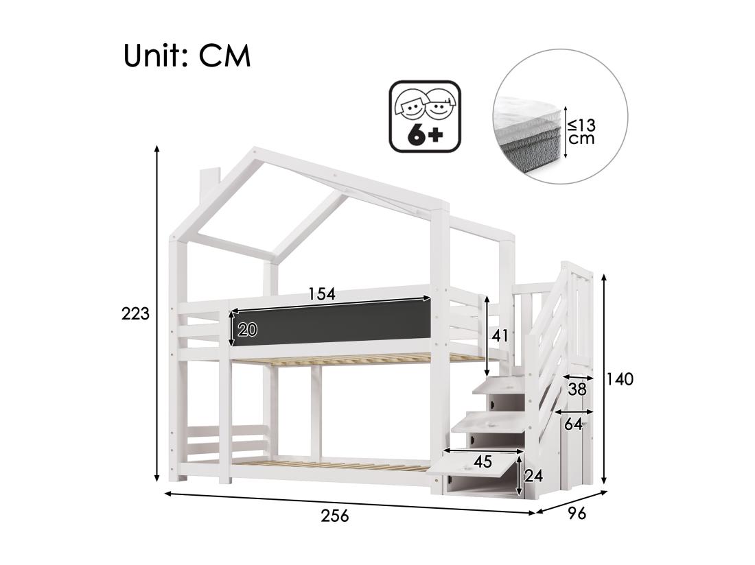 Vente Unique Lit Superposé Cabane 90x200cm En Bois Massif - Avec Escalier De Rangement(2 Tiroirs) Et Un Tableau Noir - Blanc