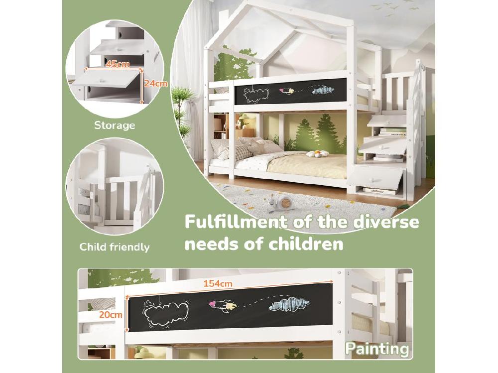 Vente Unique Lit Superposé Cabane 90x200cm En Bois Massif - Avec Escalier De Rangement(2 Tiroirs) Et Un Tableau Noir - Blanc
