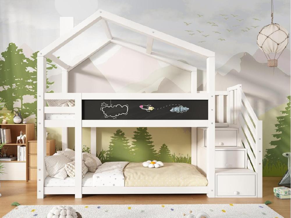 vente unique Lit superposé cabane 90x200cm en bois massif - avec escalier de rangement（2 tiroirs） et un tableau noir - Blanc