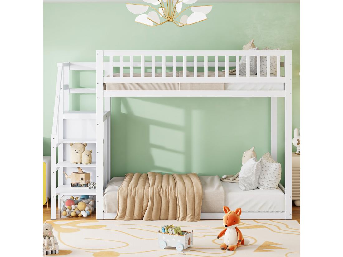 Vente Unique Lit Superposé En Bois Massif - 90x200 Cm - Avec Barrières Et Penderie - Blanc