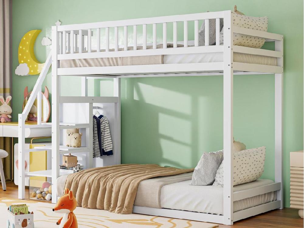 Vente Unique Lit Superposé En Bois Massif - 90x200 Cm - Avec Barrières Et Penderie - Blanc