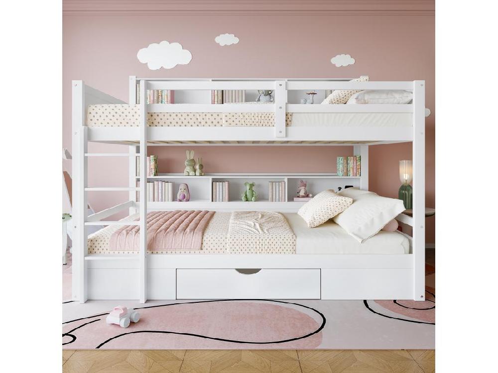 Vente Unique Lit Superposé Pour Enfant 2x90x200cm - Avec Un Tiroir Et Compartiments - Blanc
