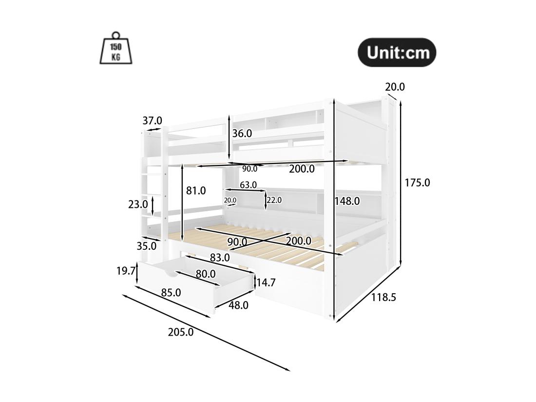 Vente Unique Lit Superposé Pour Enfant 2x90x200cm - Avec Un Tiroir Et Compartiments - Blanc