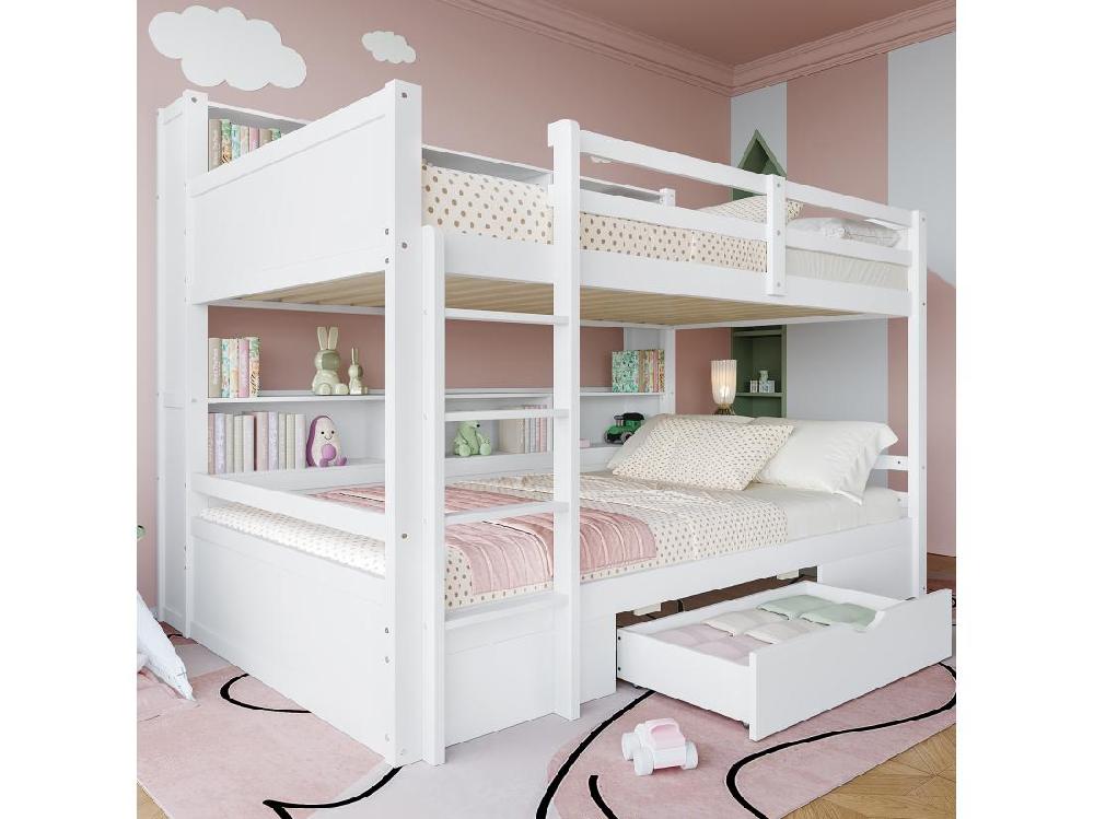 Vente Unique Lit Superposé Pour Enfant 2x90x200cm - Avec Un Tiroir Et Compartiments - Blanc