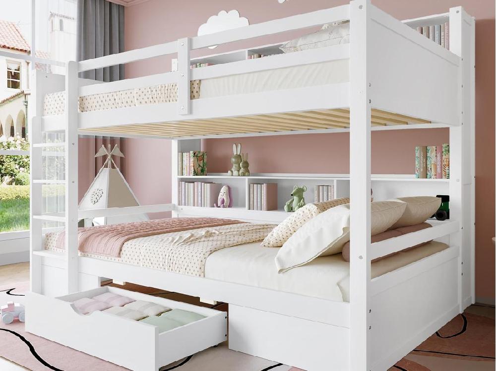 vente unique Lit superposé pour enfant 2x90x200cm - avec un tiroir et compartiments - Blanc