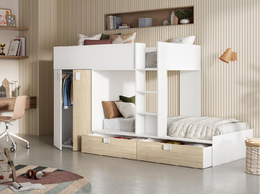 Vente Unique Lits Superposés 2 X 90 X 190 Cm - Armoire Intégrée - Blanc Et Naturel - JUANITO