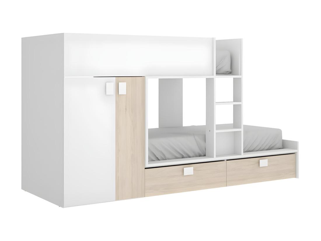 Vente Unique Lits Superposés 2 X 90 X 190 Cm - Armoire Intégrée - Blanc Et Naturel - JUANITO