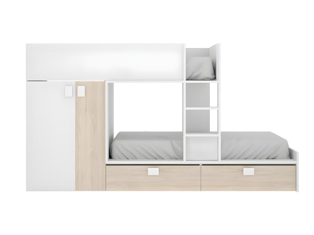 Vente Unique Lits Superposés 2 X 90 X 190 Cm - Armoire Intégrée - Blanc Et Naturel - JUANITO