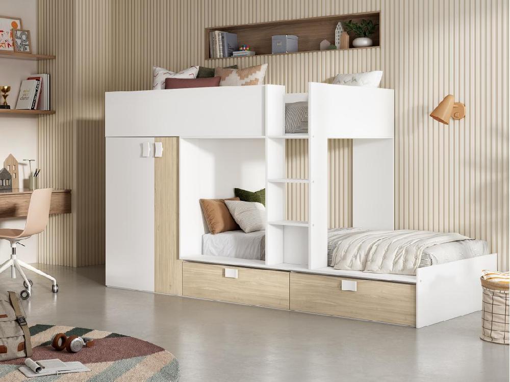 vente unique Lits Superposés 2 x 90 x 190 cm - Armoire intégrée - Blanc et naturel - JUANITO