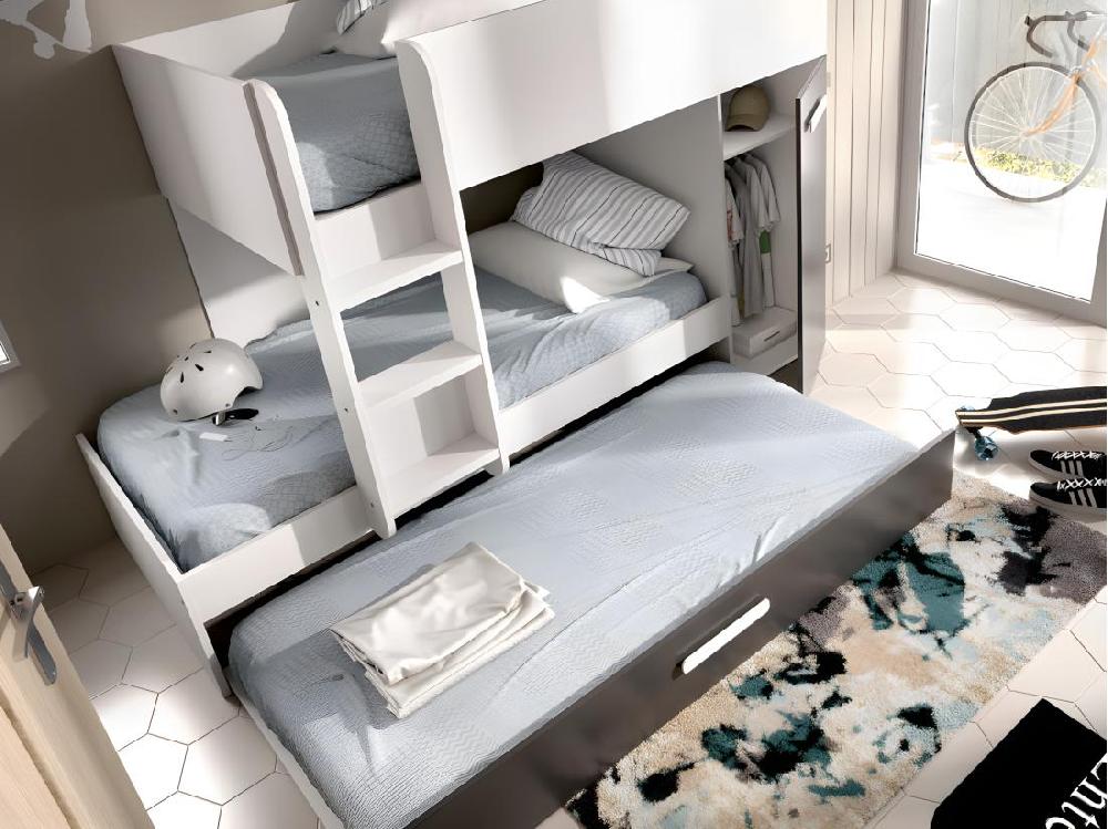 Vente Unique Lits Superposés Avec Tiroir Lit Gigogne Et Rangements 3 X 90 X 190 Cm - Anthracite Et Blanc - ANTHONY