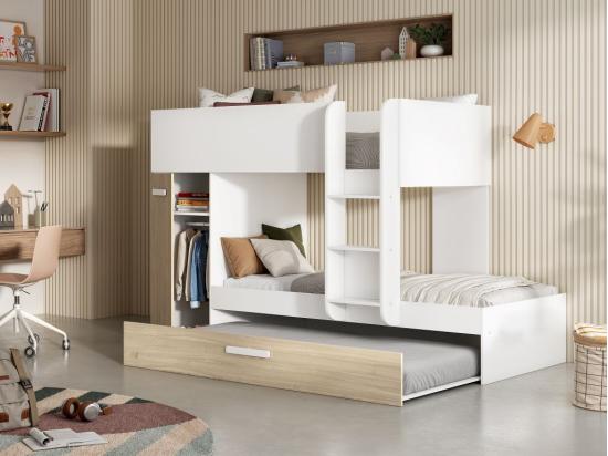 Vente Unique Lits Superposés Avec Tiroir Lit Gigogne Et Rangements 3 X 90 X 190 Cm - Blanc Et Naturel - ANTHONY