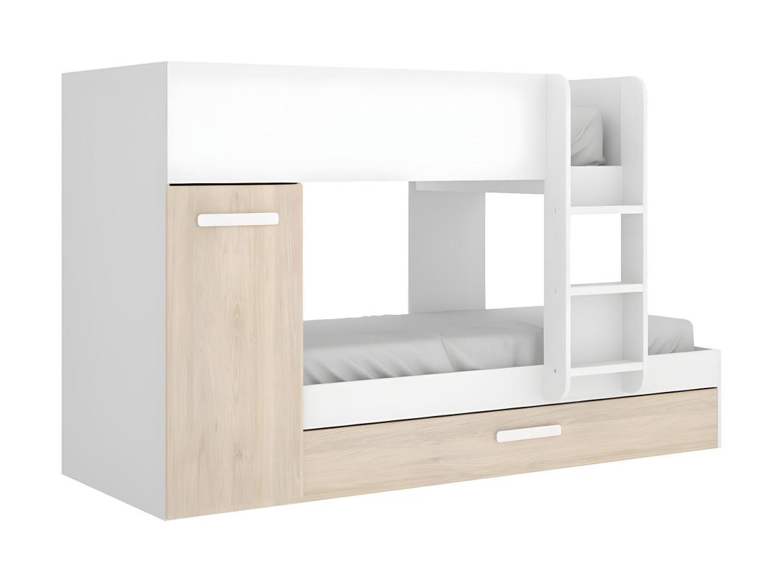 Vente Unique Lits Superposés Avec Tiroir Lit Gigogne Et Rangements 3 X 90 X 190 Cm - Blanc Et Naturel - ANTHONY