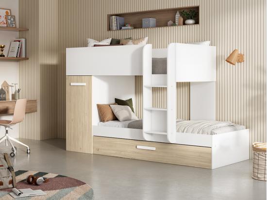 vente unique Lits superposés avec tiroir lit gigogne et rangements 3 x 90 x 190 cm - Blanc et Naturel - ANTHONY