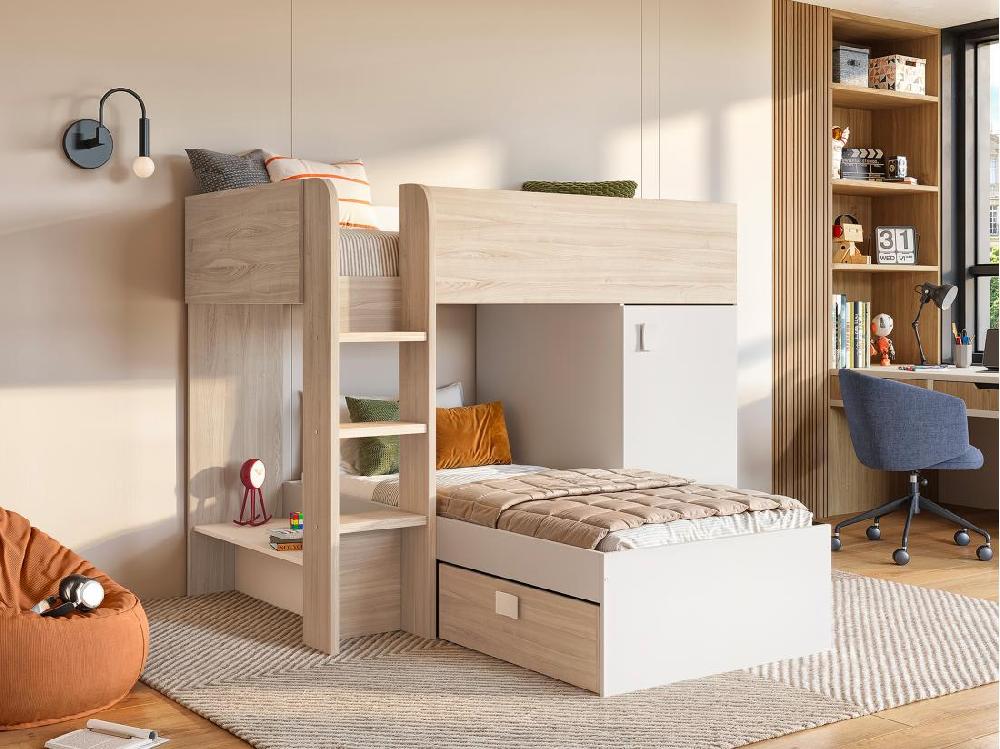 Vente Unique Lits Superposés D'angle Réversibles RICARDO - 2 X 90 X 190 Cm - Rangements Intégrés - Chêne Et Blanc