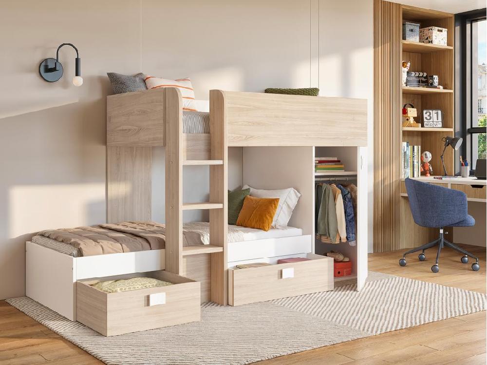 Vente Unique Lits Superposés D'angle Réversibles RICARDO - 2 X 90 X 190 Cm - Rangements Intégrés - Chêne Et Blanc