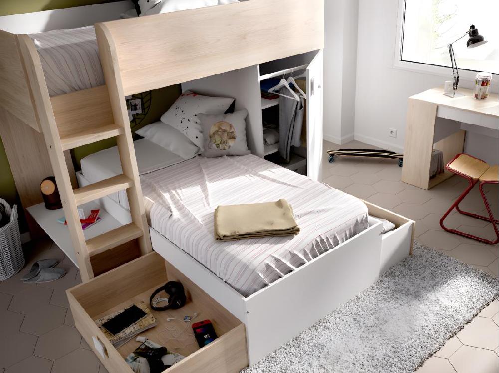 Vente Unique Lits Superposés D'angle Réversibles RICARDO - 2 X 90 X 190 Cm - Rangements Intégrés - Chêne Et Blanc