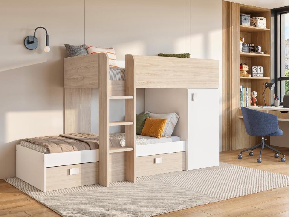 vente unique Lits superposés d'angle réversibles RICARDO - 2 x 90 x 190 cm - Rangements intégrés - Chêne et blanc