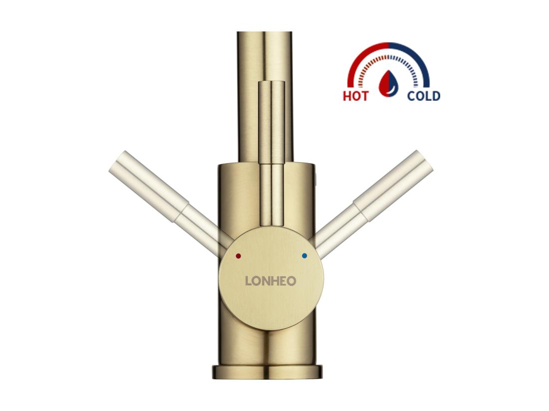 Vente Unique Lonheo Max Robinet De Cuisine U-Forme Rotatif à 360°Mitigeur Évier à Eau Froide Et Chaude En Acier Inoxydable Avec Barboteur Démotable Doré EU Modèle