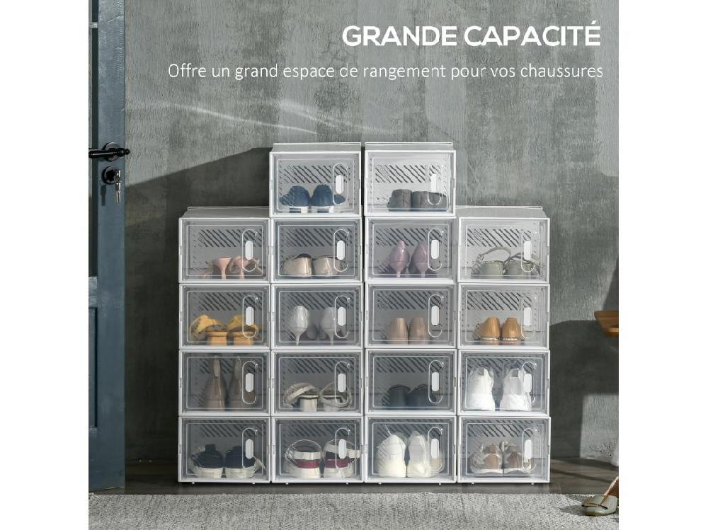 Vente Unique Lot De 18 Boites Cubes Rangement à Chaussures Modulable Avec Portes Transparentes - Dim. 25L X 35l X 19H Cm - PP Blanc Transparent
