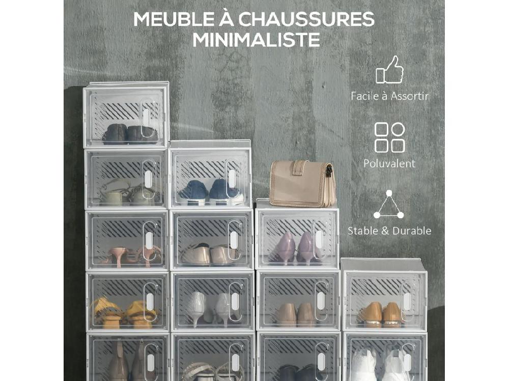 Vente Unique Lot De 18 Boites Cubes Rangement à Chaussures Modulable Avec Portes Transparentes - Dim. 25L X 35l X 19H Cm - PP Blanc Transparent