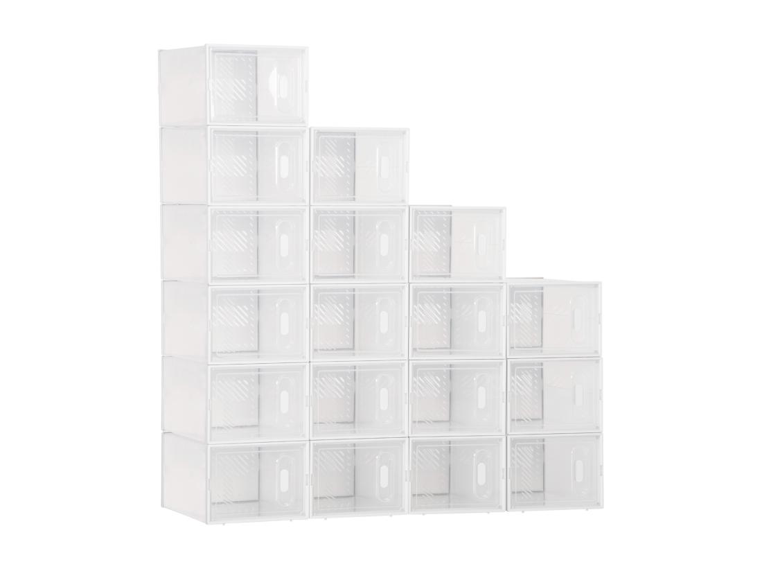 vente unique Lot de 18 boites cubes rangement à chaussures modulable avec portes transparentes - dim. 25L x 35l x 19H cm - PP blanc transparent