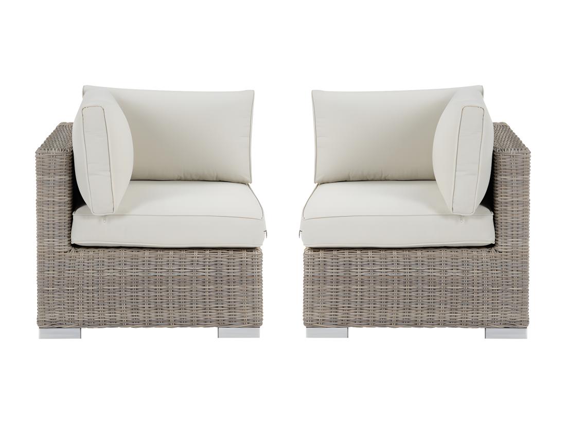 vente unique Lot de 2 angles en résine tressée avec coussins blancs - BUSAN de MYLIA